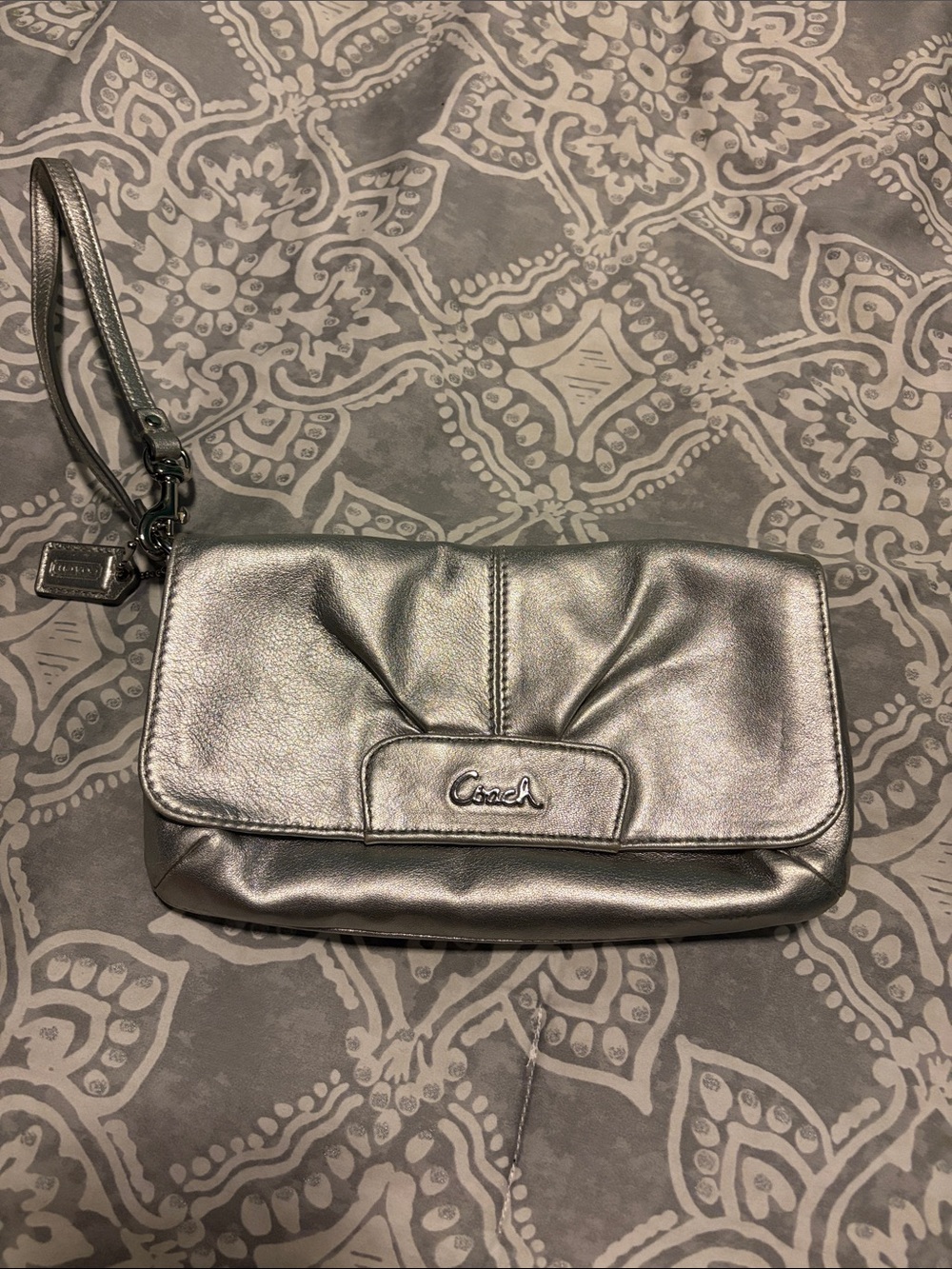 Coach Silver Metallic Leather Wristlet Clutch